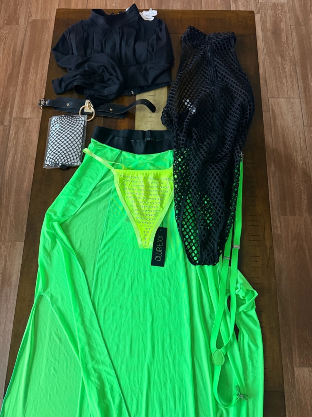 Dolls Kill Neon Green and Black Mesh Maxi Skirt rave festival bundle